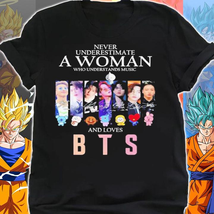 Never Underestimate A Woman Who Understands Music And Loves BTS Signatures Shirt t-shirt shirt