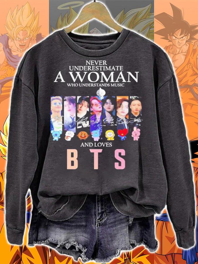 Never Underestimate A Woman Who Understands Music And Loves BTS Signatures Shirt t-shirt sweatshirt