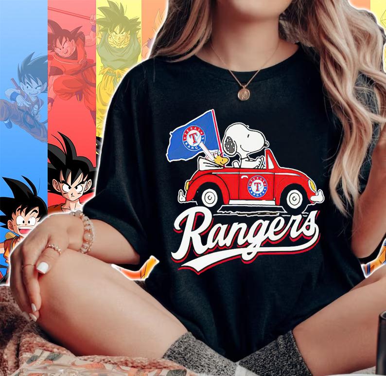 Snoopy And Woodstock Driving Car Texas Rangers Flag t-shirt woman shirt