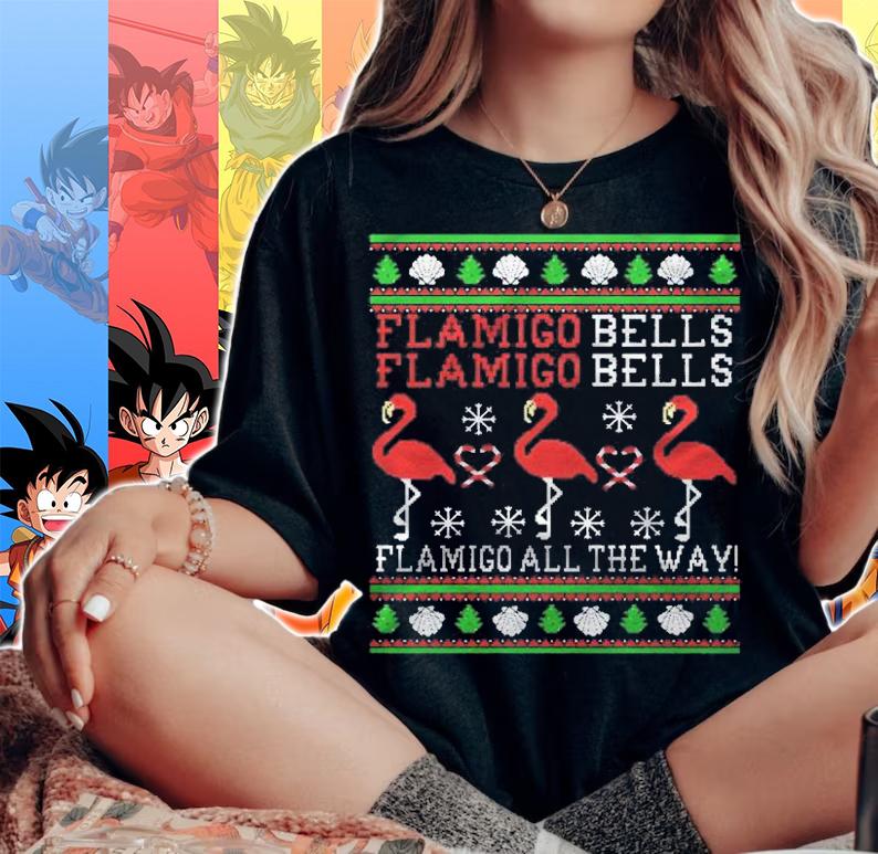Flamingo Bells All The Way Ugly Christmas Funny Holiday Shirt woman shirt