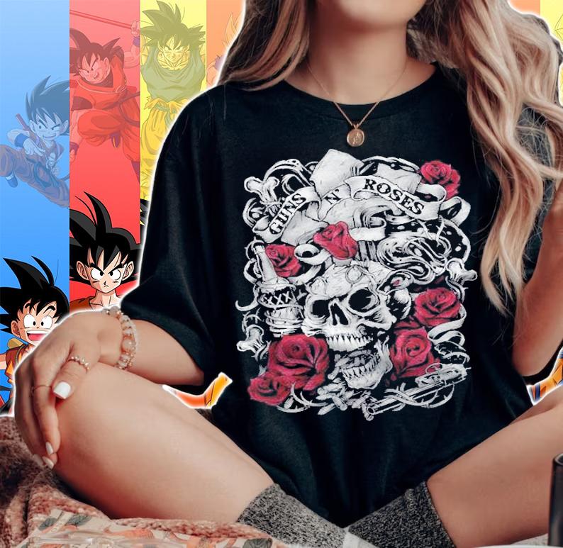 Guns N Roses Official Flourish Skull Pink Roses Shirt woman shirt