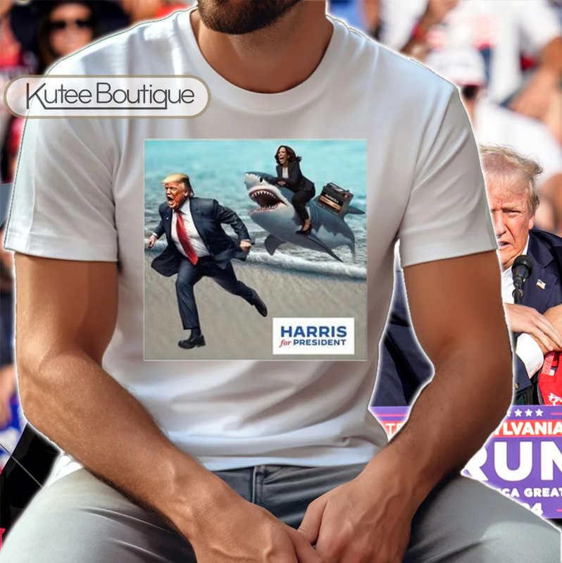 Kamala Harris Riding Shark Wanted Donald Trump Harris For President Funny Politics T-Shirt