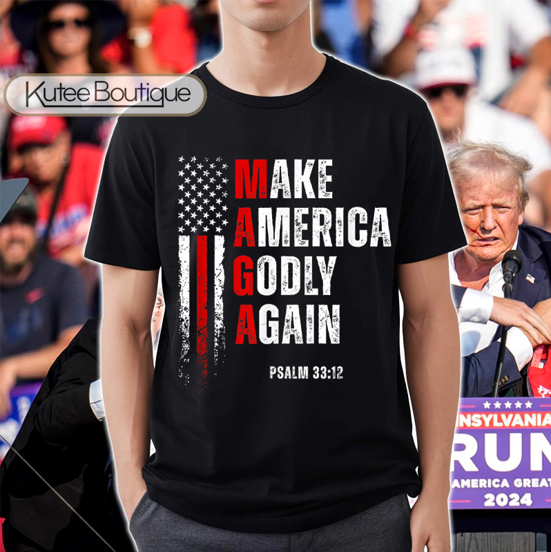 Jesus Save Trump MAGA 2024 Make America Godly Again Trump Shooter PSALM 33:12 T-Shirt