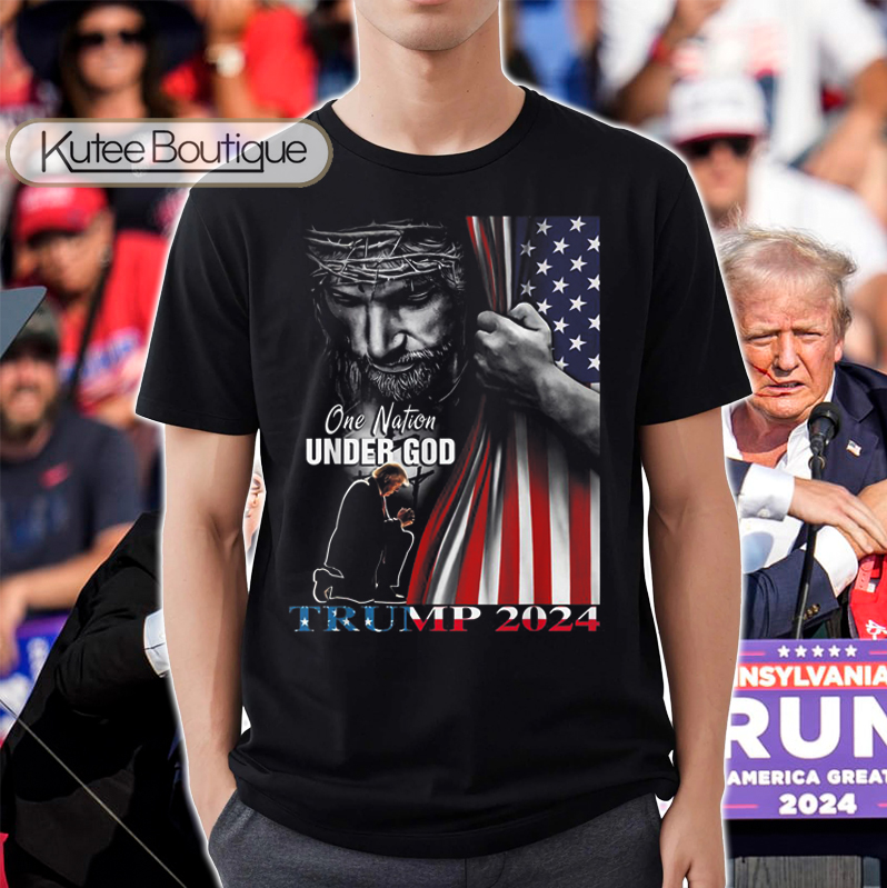 Jesus One Nation Under God Trump 2024 MAGA USA Flag Trump Shooting T-Shirt