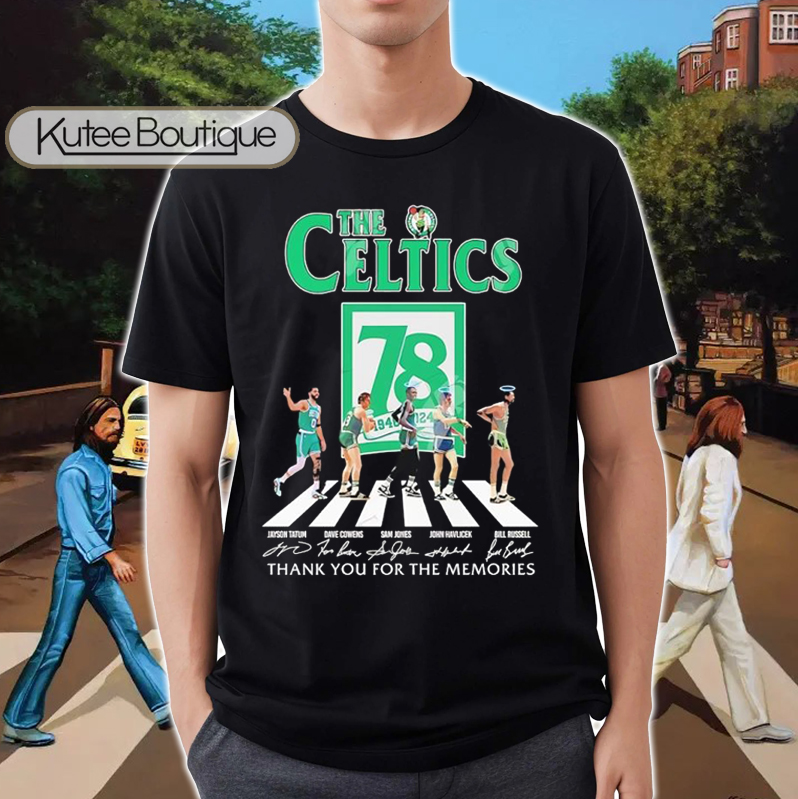 The Celtics The Beatles Boston Celtics Abbey Road 78 Years 1946-2024 Signatures T-Shirt