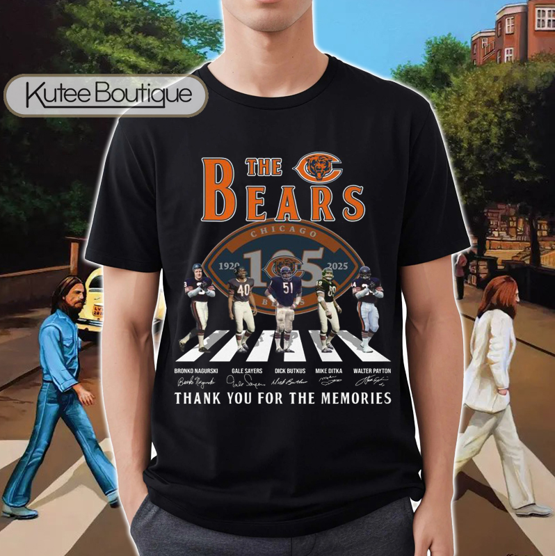 The Bears The Beatles Chicago Bears Abbey Road 105 Years 1920-2025 Signatures T-Shirt
