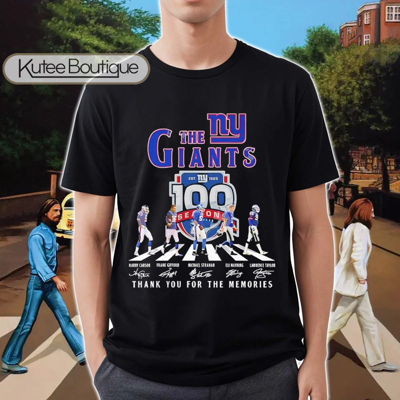 The Giants The Beatles New York Giants Abbey Road 100 Years 1925-2025 Signatures T-Shirt