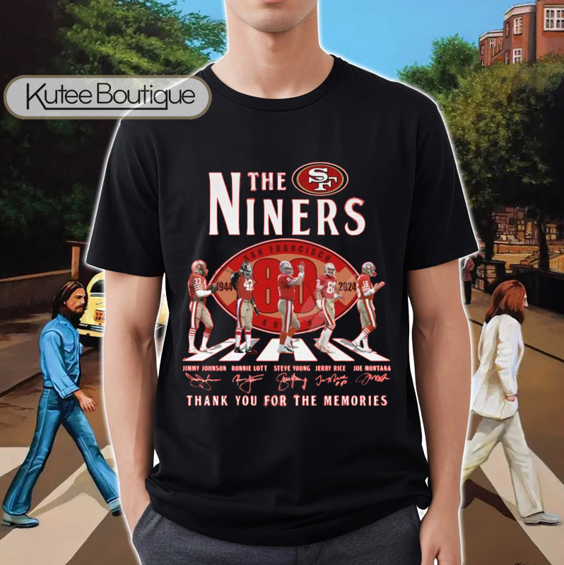 The Niners The Beatles San Francisco 49ers Abbey Road 80 Years 1944-2024 Signatures T-Shirt