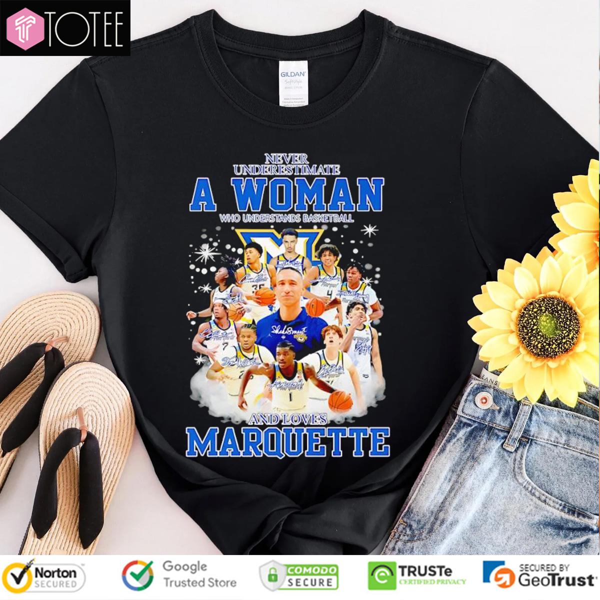 Never Underestimate A Woman Who Loves Marquette Basketball Coach & Players T-Shirt