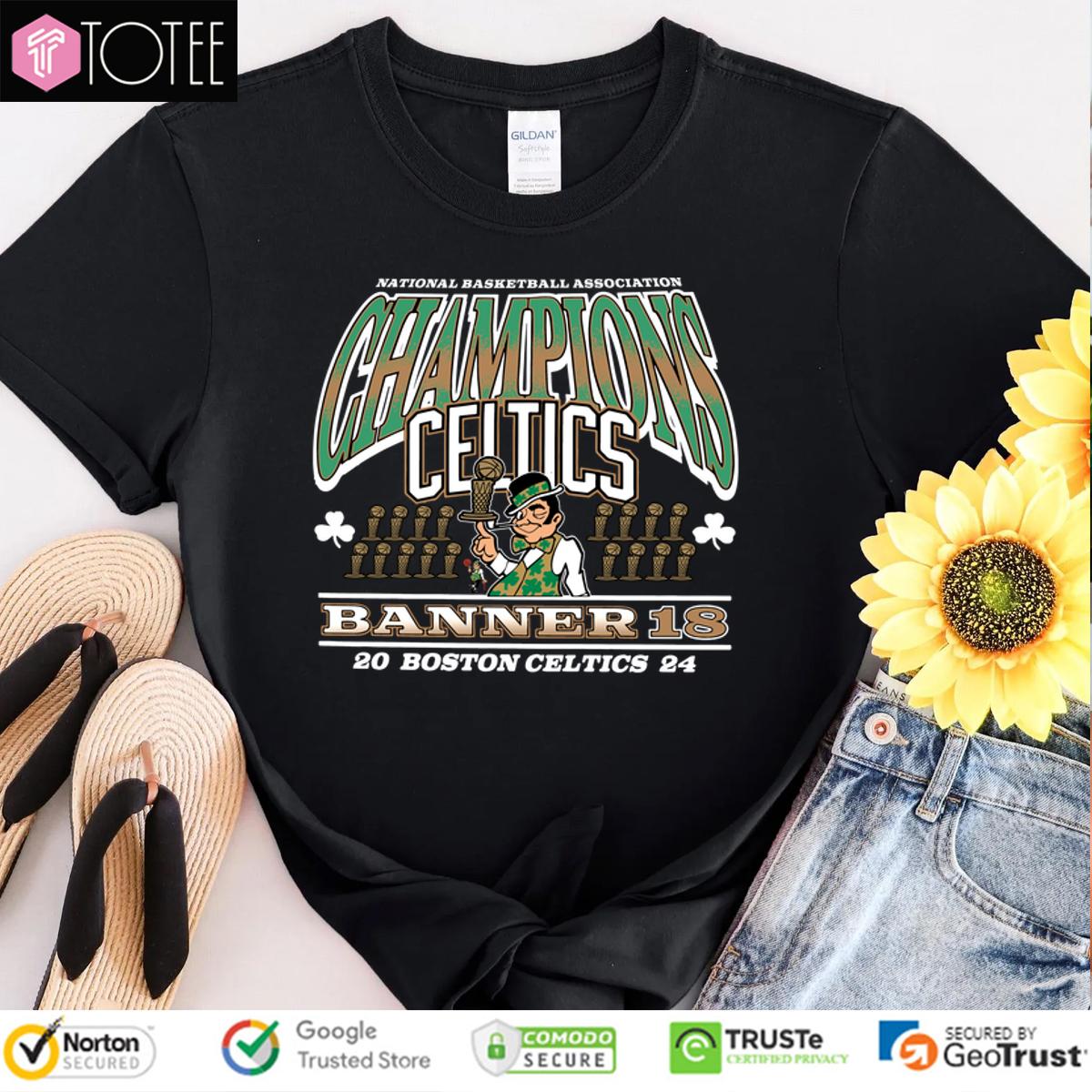 Boston Celtics 2024 Nba Champions Banner 18 Mascot Trophy Shirt