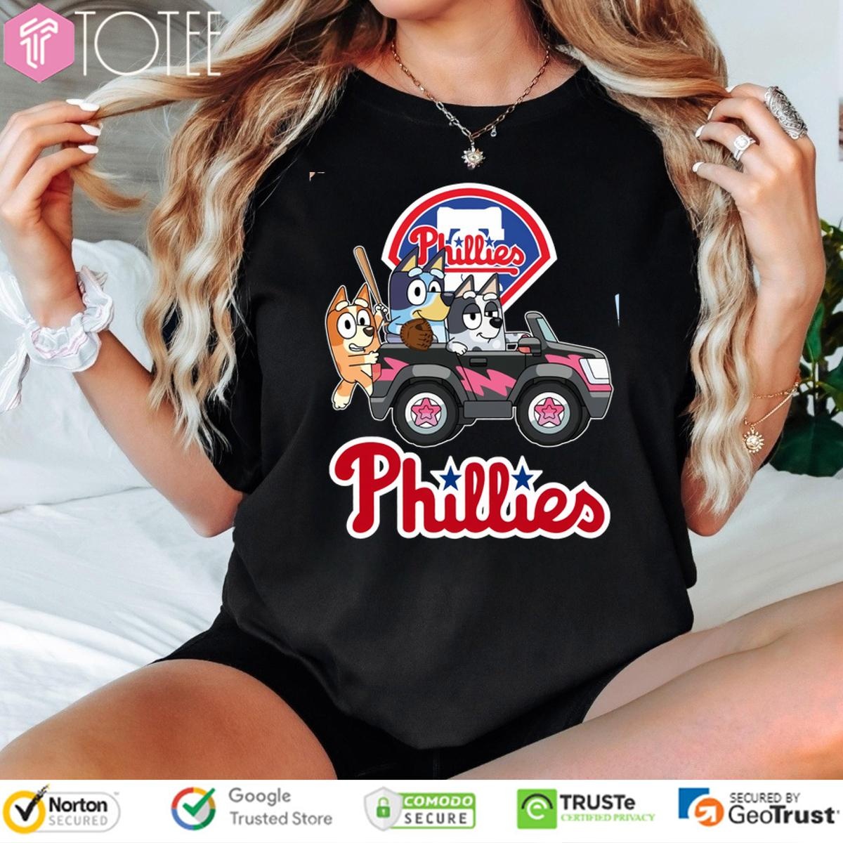 Bluey Characters Driving Car Philadelphia Phillies T-shirt