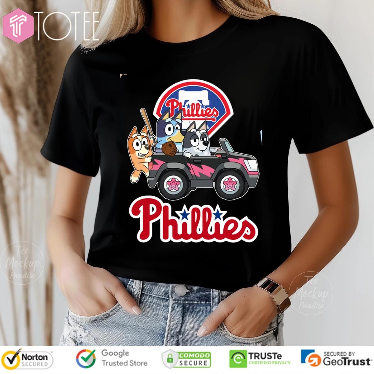 Bluey Characters Driving Car Philadelphia Phillies T-shirt 4