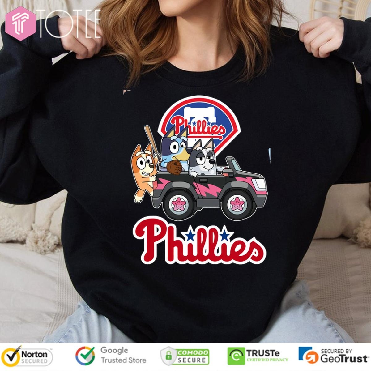 Bluey Characters Driving Car Philadelphia Phillies T-shirt 3