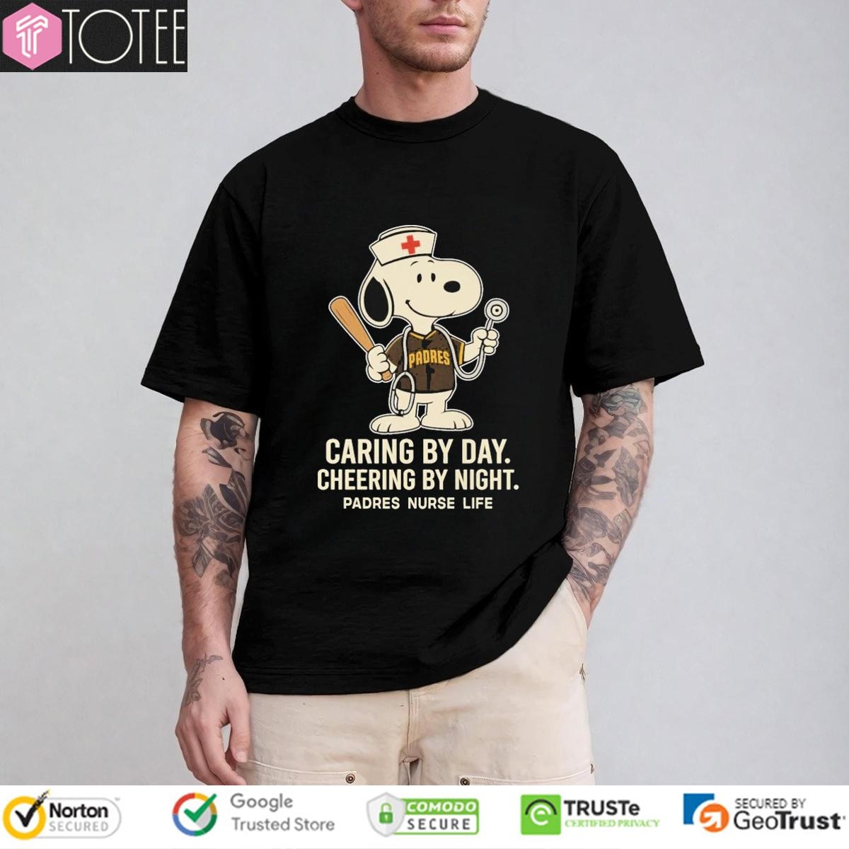 Caring By Day Cheering By Night San Diego Padres Snoopy Nurse Life T-shirt